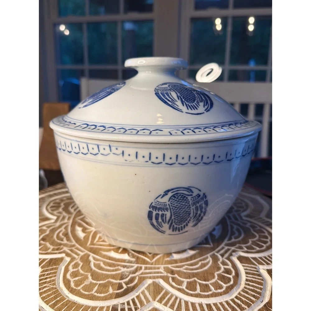 Vintage Blue and White Porcelain Crane Tureen Lidded Chinoiserie - 9in